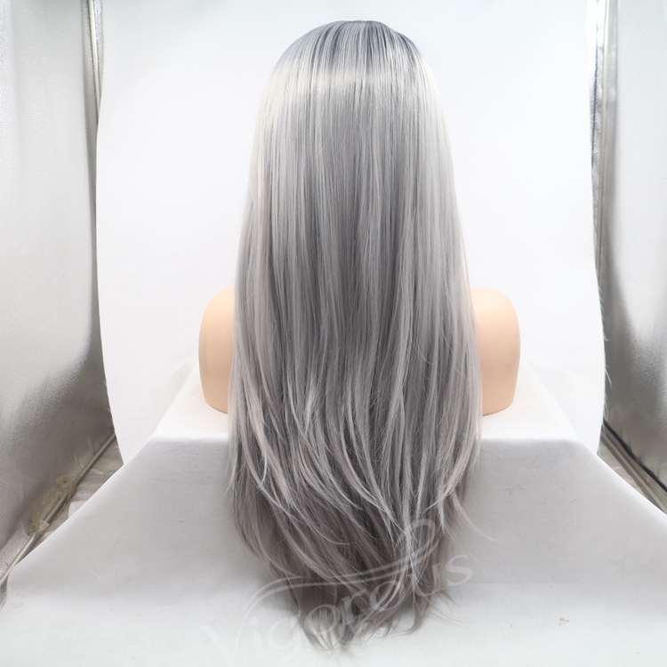 Vigorous grey ombre long straight premium high quality wholesale black women synthetic hair wigs with lace front
