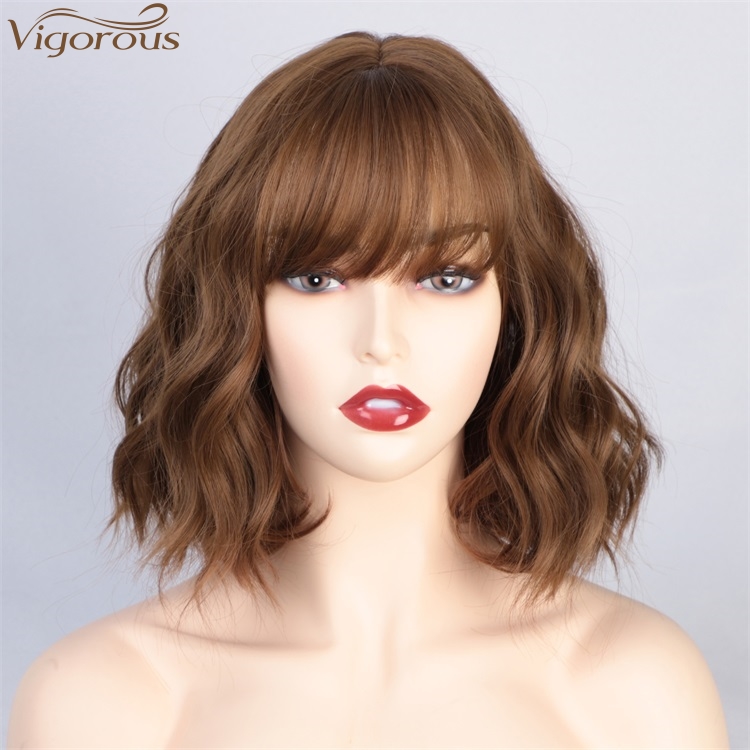 Vigorous 14 Inches Brown Short Wavy Synthetic Bob Wigs With Bangs Heat Resistant Fiber Cosplay Wig Fashion Girl Women