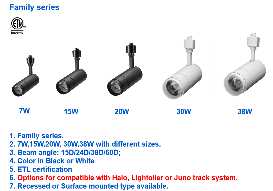 Daytonled Family Series ETL CETL Cert CRI90 CRI97 Triac Dim Local Dim H-type J-type L-type 7W 15W 20W 30W 38W Led Track Light