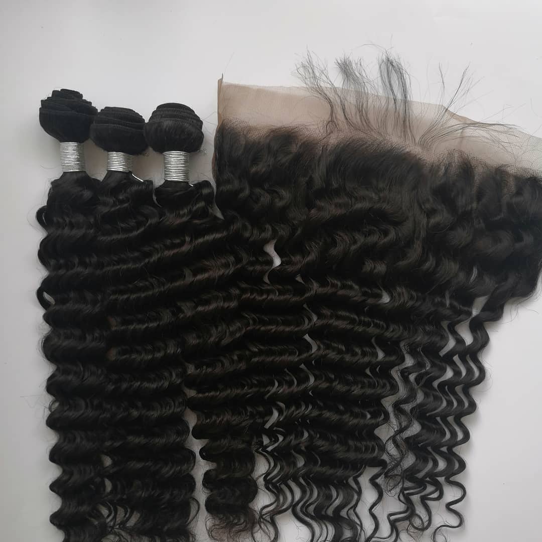 Free sample Virgin Brazilian hair bundles with lace closure frontal Cheap 10a Grade loose deep Brazilian hair bundles