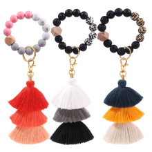 Wholesale Silicone Beaded Bangle Keychains with Tassel Wooden Beads Bracelet Keyrings
