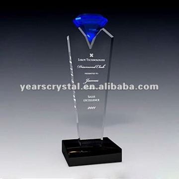 blue diamond crystal trophy with black base