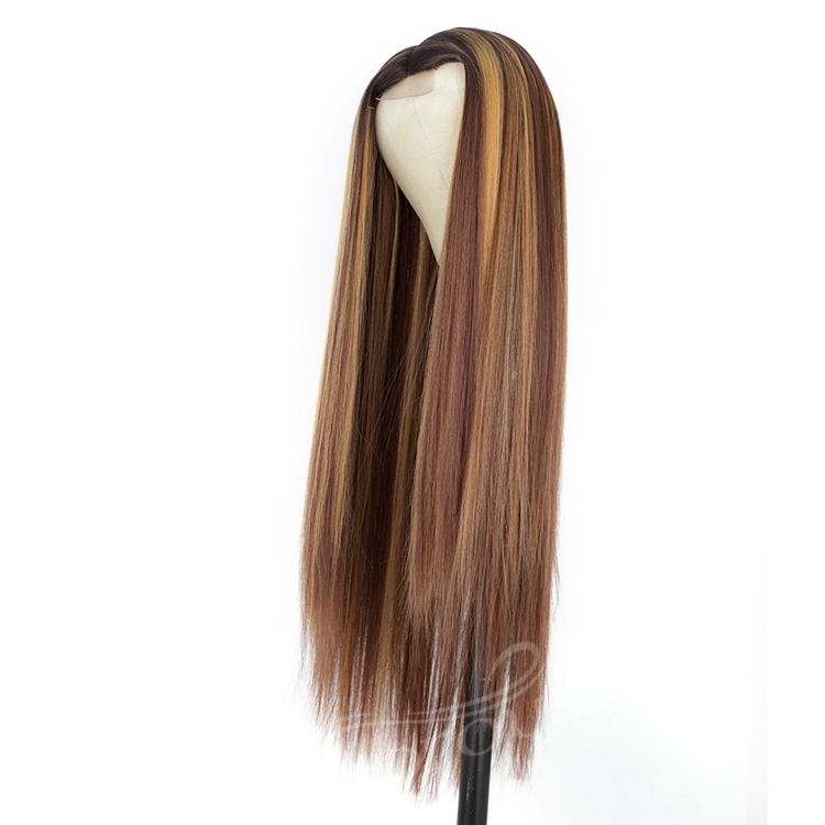 Ombre Brown Highlight Blonde Dark Root Wig Long Silky Straight Wig Middle Part Synthetic Front Lace Hair Wigs For Women