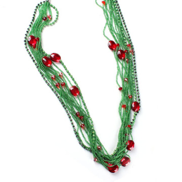 Lime Green Seed Bead Necklace Ruby Red Beads Necklace