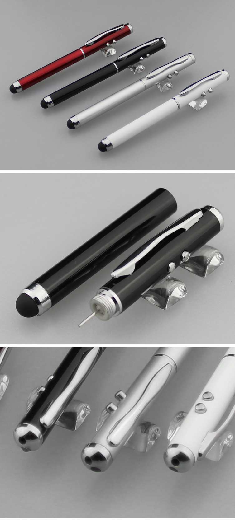 Newest style laser pointer pen with led light logo metal body stylus pen