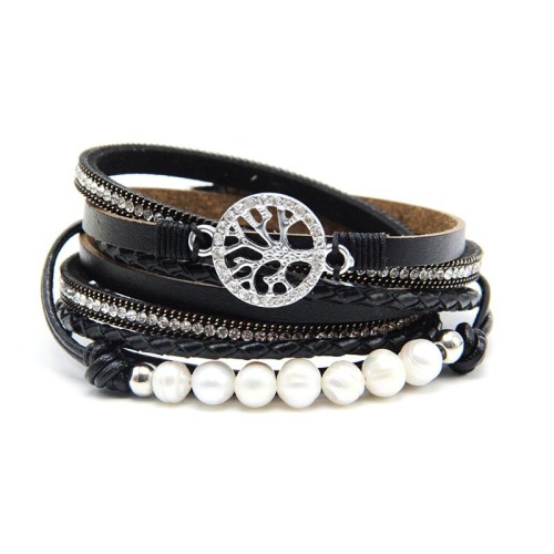 Leather Wrap Bracelet for Women Handmade Clasp Bangle Bracelet with Pearl Beads Crystal Wristbands Jewelry Gift for Ladies