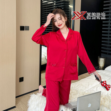 Red Lace Trim Cotton Pajama Set