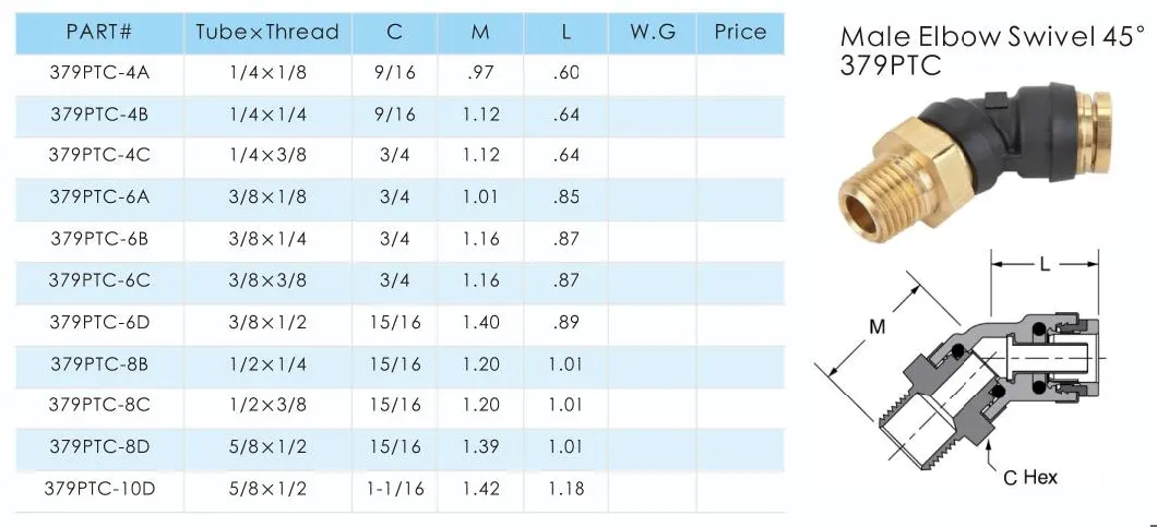 Male Elbow Swivel 45 379PTC Composite Brass Collect Pneumatic Push-in DOT Fittings
