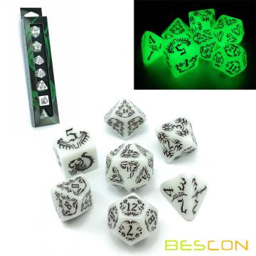 Набор светящихся костей BESCON DARK ELVES (7 предметов), большой размер GLOW IN DARK Резные ролевые игры Набор костей RPG