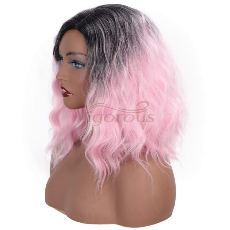 Vigorous 14 Inch Curly Wave Short Bob Wigs Ombre Light Pink Synthetic Cosplay Pastel Wig for Girl Costume Christmas Party