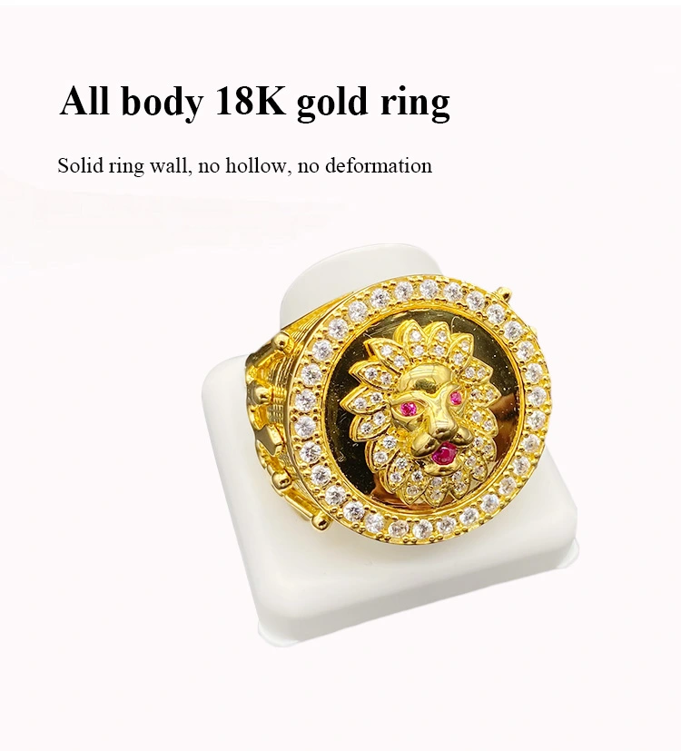 Explosion Hip-Hop Hiphop Gold-Plated Rhinestone Crown Lion Head Ring for Men