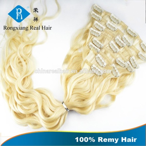 Cheap wholesale double drawn blonde long curly clip in human hair extension