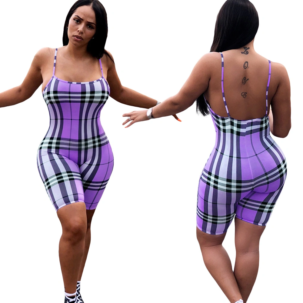 Newest Fashion Sexy Jumpsuit Fr Ladies Bodycon Stretchy Onesie Shorts Sexy Rompers Adult Plaid Jumpsuits for Women