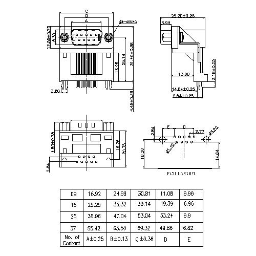 DR06-MXXXXX D-SUB PCB Male Dual Row Right Angle14.84mm