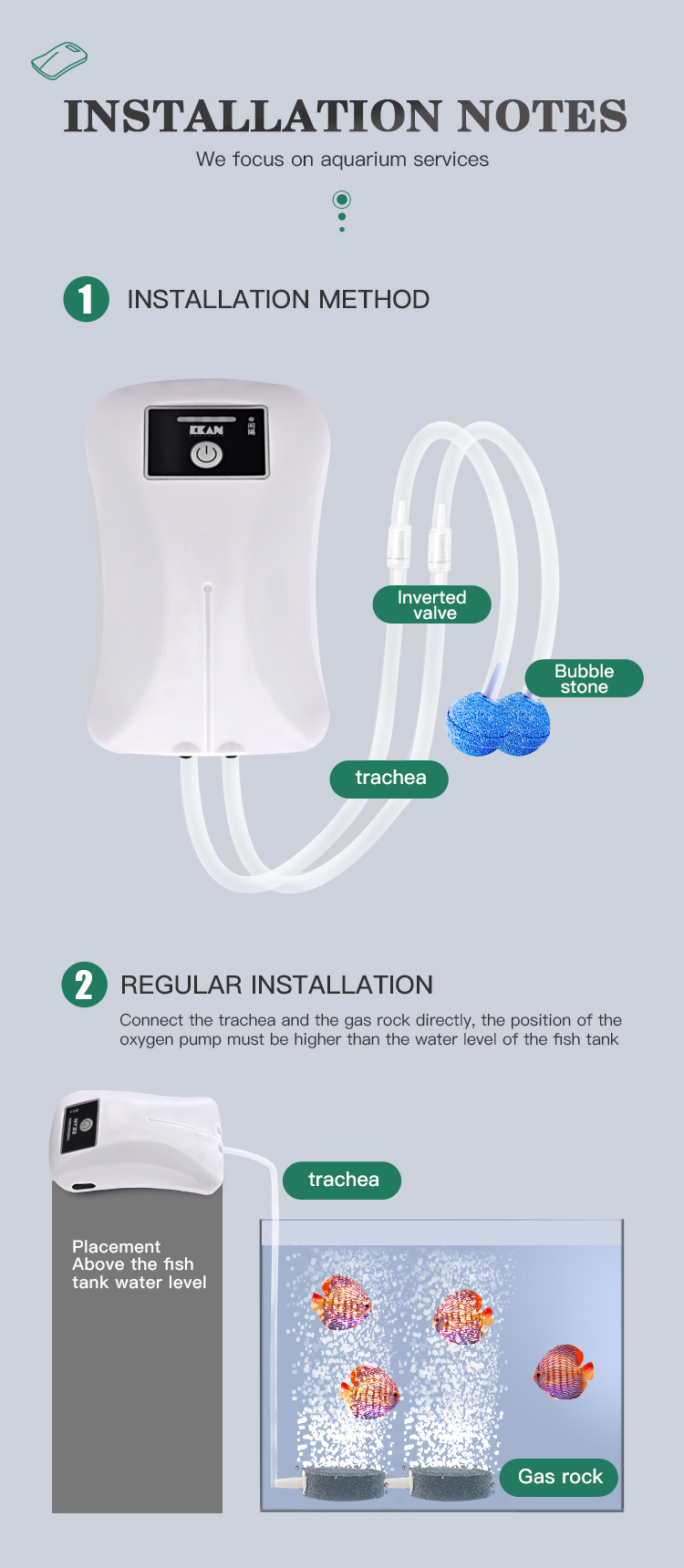 EKAN  Portable and Rechargeable Air Pump with Double/Single air outlet for Fish Tank and Outdoor fishing