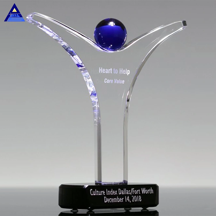 Human Award Glass Blue World Earth Metal Man with Crystal Globe Trophy