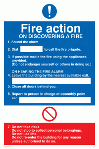 Notice board and Fire action notice with lifts and mandatory Signs
