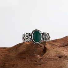 Natural Malachite Flower Light Luxury Silver Retro Rings
