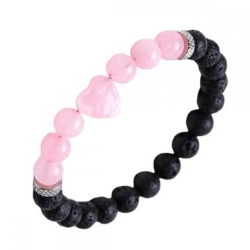 Natural Black Lava Stone Heart with 8MM Round Gemstone Stretch Elastic Bracelet for Men Women Crystal Round Beads Bracelet