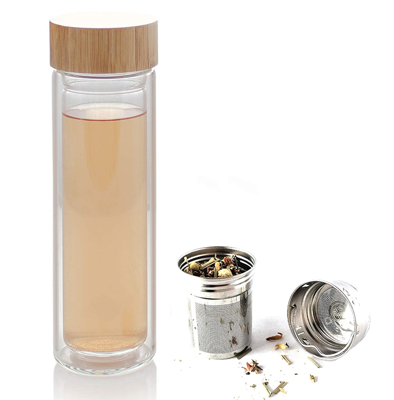 water bottle with wood lid 500ml double wall infuser glass tea bottle glass