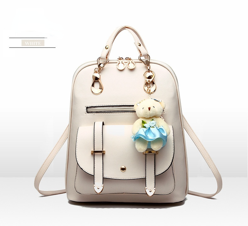 Fashion Backpack PU Leather Women Girls Bear Pendant Backpack Purse Shoulder Satchel Top-Handle Bags