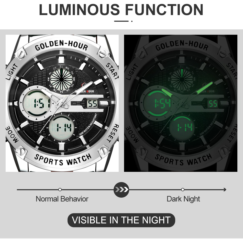 GOLDENHOUR 116 Men's Fashion Watch LED Analog Digital Watches Fashion Chronograph Wristwatch Relogio Masculino