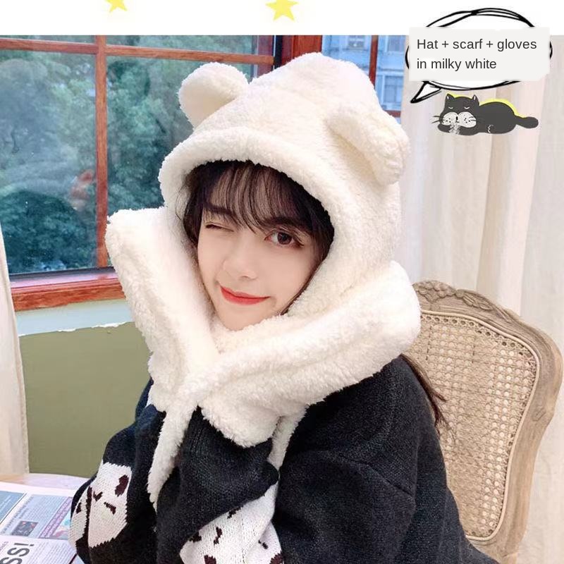 Bear Hat Winter All-matching Korean Cute Plush Scarf One-piece Hat Three-piece Suit