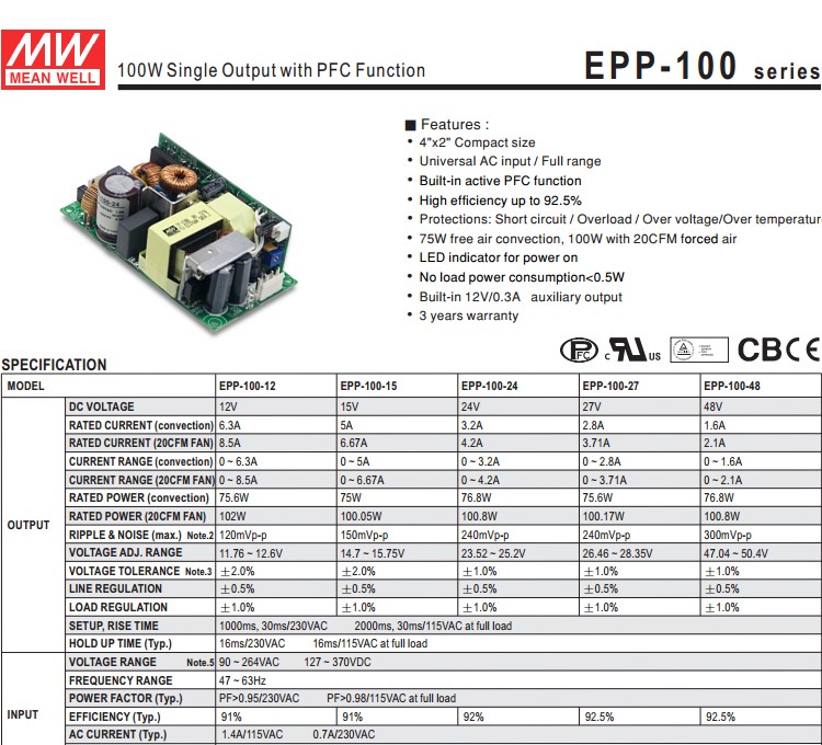 Mean Well EPP-100-24 100W 24V Open Frame Power Supply 24v with Pfc Function