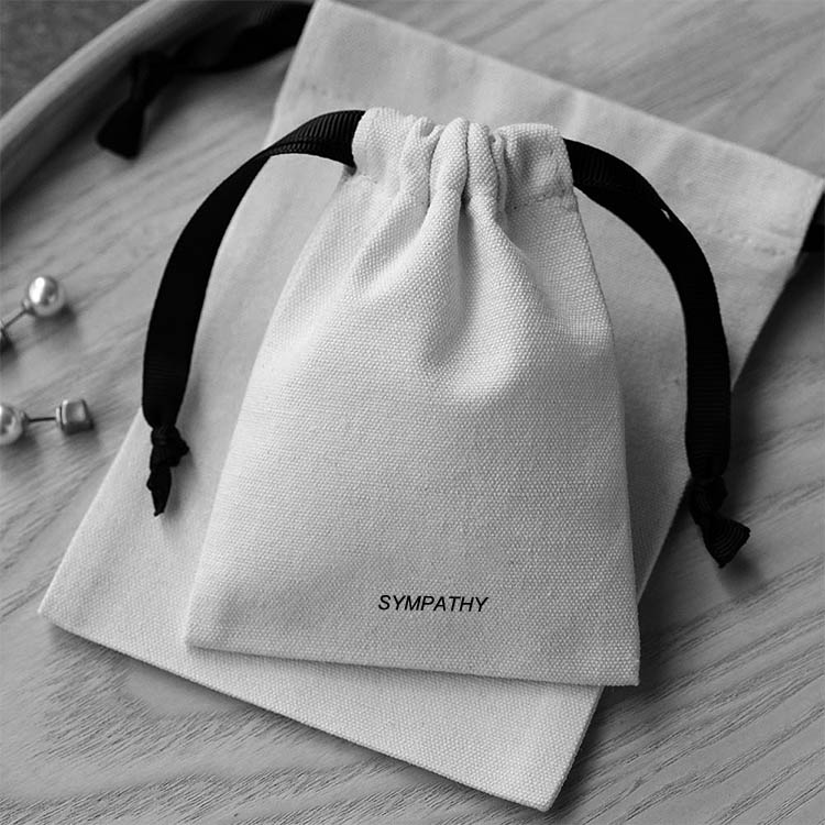 canvas drawstring gift pouch white cotton jewellery bag printed logo jewelry storage bag