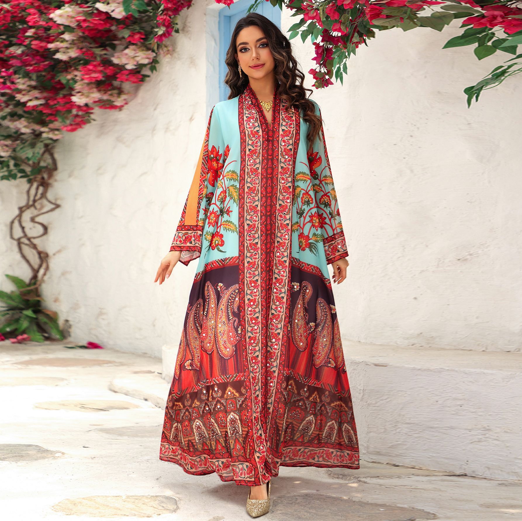 الملونة حجر الراين الشيفون فستان ماكسي (16) Plus Size Colorful Printed Rhinestone Chiffon Maxi Dress