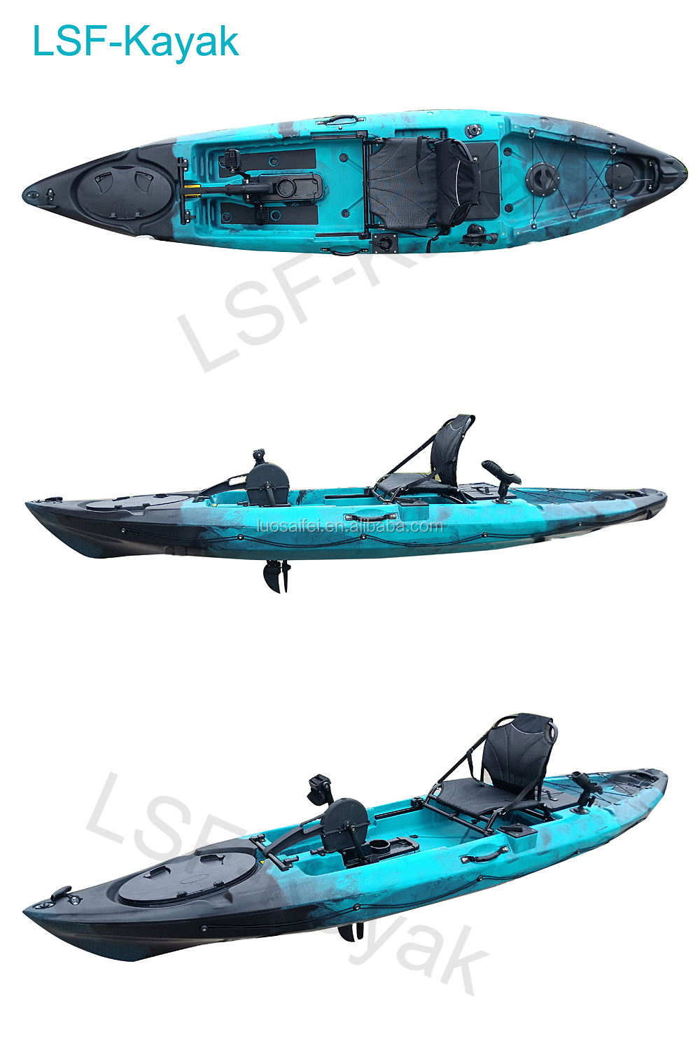 Multy function tandem 2+1 seat fishing kayak with aluminum frame seat in factory price