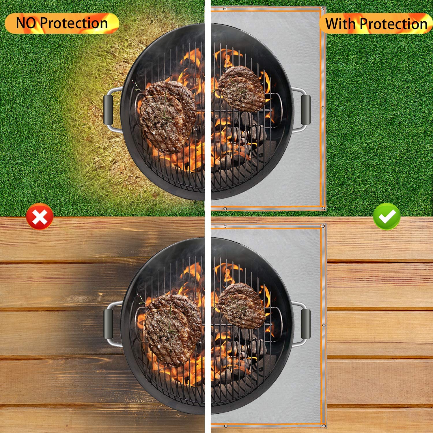 Under Grill Mats Grill Fireproof for Lawn Oil-Proof Grill Pads Fire Pit Mat Fireplace Mat Reflective Trim for Nighttime