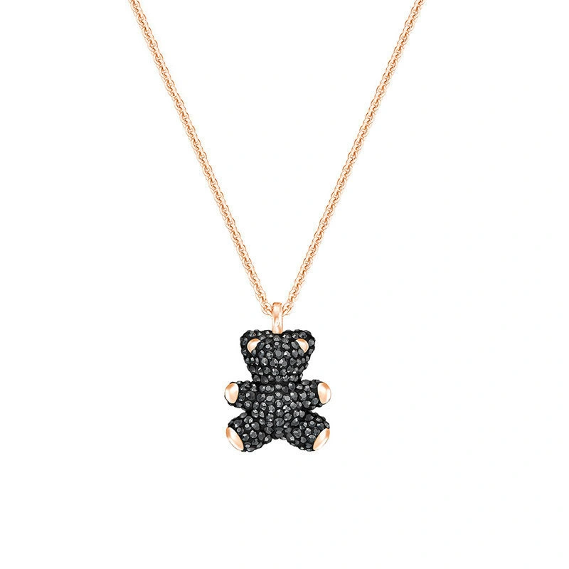 European American Fashion Jewellery Jewelry Black Red Pink White 3D Diamond Bear Pendant Clavicle Chain Thin Chain Necklace for Women