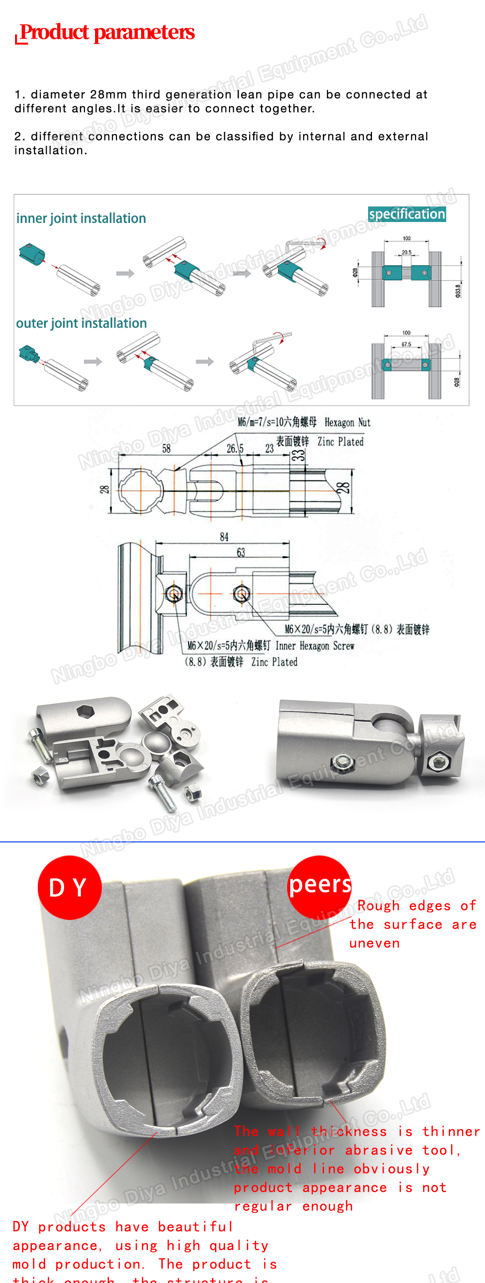 180 Degree Free Connector Outer Type For OD 28mm Thickness 1.7mm Aluminum Tube/ Aluminium Alloy Lean Pipe Joint