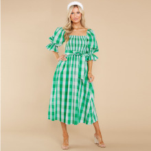 Casual Wear Puff Sleeve Plaid Smocked Midi Dress