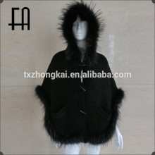 Factory direct wholesale women's acrylic knitted poncho/hand knitted poncho /fox trim knitted pomcho