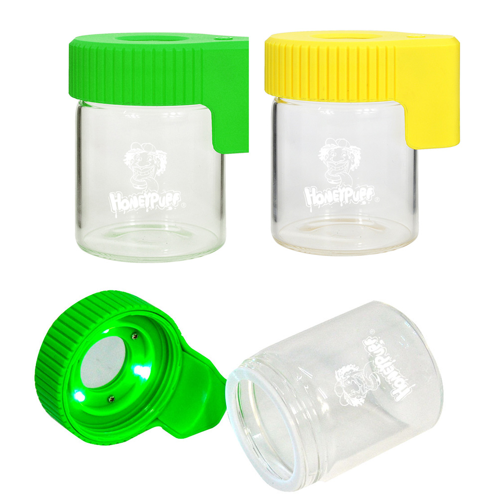 Wholesale transparent glass storage case with LED light Container 155ML stash jar storage jar custom logo glass pill case