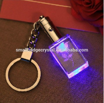 Wholesale 3d laser Crystal keychain Flash LED Light Keychain with Rose Flowers