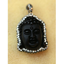Fashion Obsidian Stone Buddha Head Pendant Necklace Jewelry with Crystal