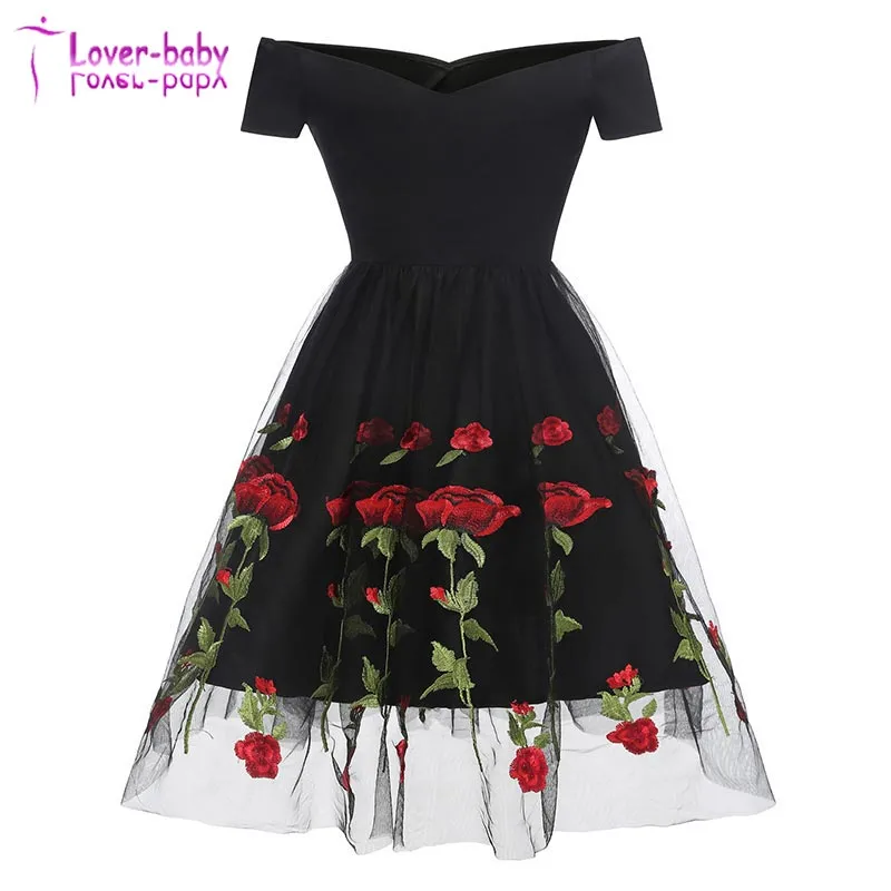 Romantic Rose Flower Lace Black Party Dresses