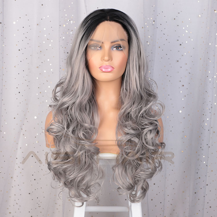 Aisi Hair Cosplay Synthetic Ombre Gray Dark Root Wig Long Wavy Swiss Lace Wig Body Wave Lace Frontal Hair Wigs For Black Women