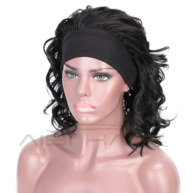 Aisi Hair Short Women Black Curly Wigs with Headband Heat Resistant Synthetic Fiber Wigs with Bandage For Lady