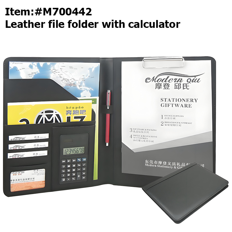 Modernqiu Custom Logo A4 Leather Briefcase File Folder with Calculator Business Portfolio for Office Use