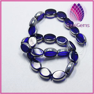 Bead silver-plated glass cobalt blue 13x10mm flat oval