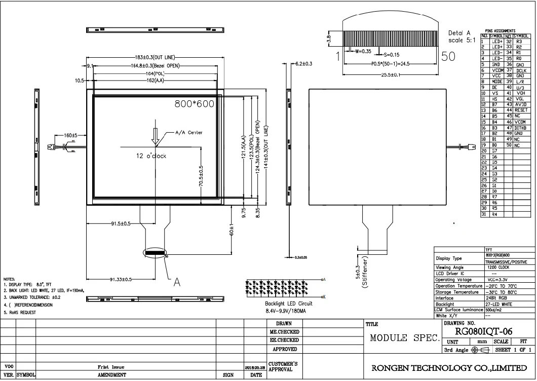 8" 800X600 TFT LCD Screen Display 50pin Ej080na-05A