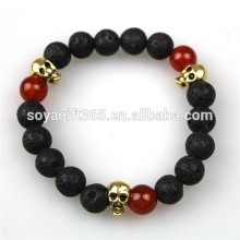 Red Agate Gold Skull Charm Bracelet Lava Stone Bracelet