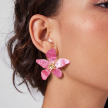 LUOYAN Deft Design Pink Flower Large Petal Earrings - Drop Flower Pendant Earrings