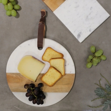 Acacia Wood and Marble Cheese Platter with Brass Accents