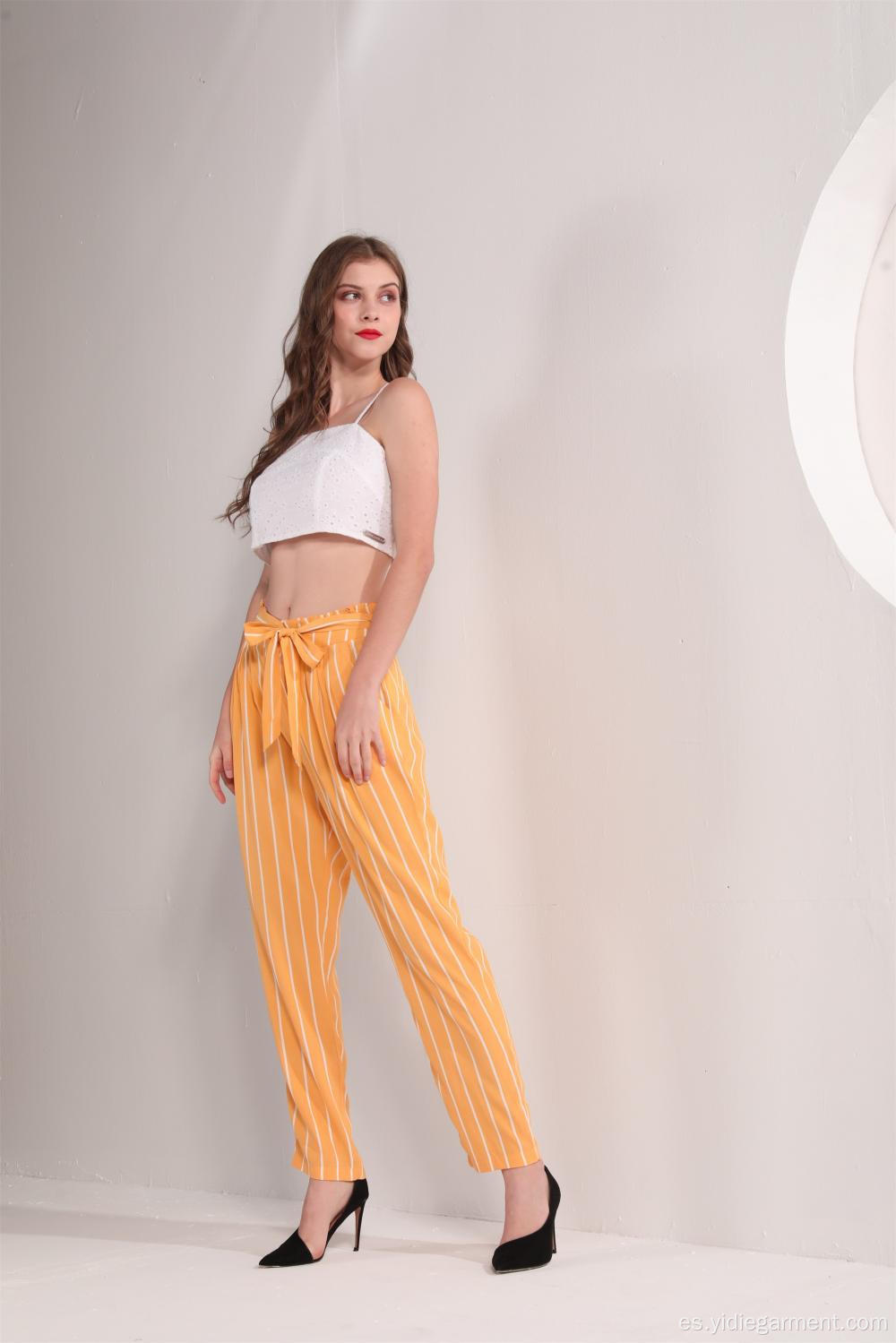 Pantalones de tobillo a rayas amarillas para mujer