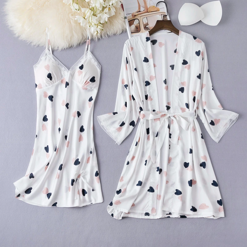 Top Quantity Silk Pajamas with Halter Dress and Nightgown Two Set with Chest Padded Ice Silk Pajamas Imitation Silk